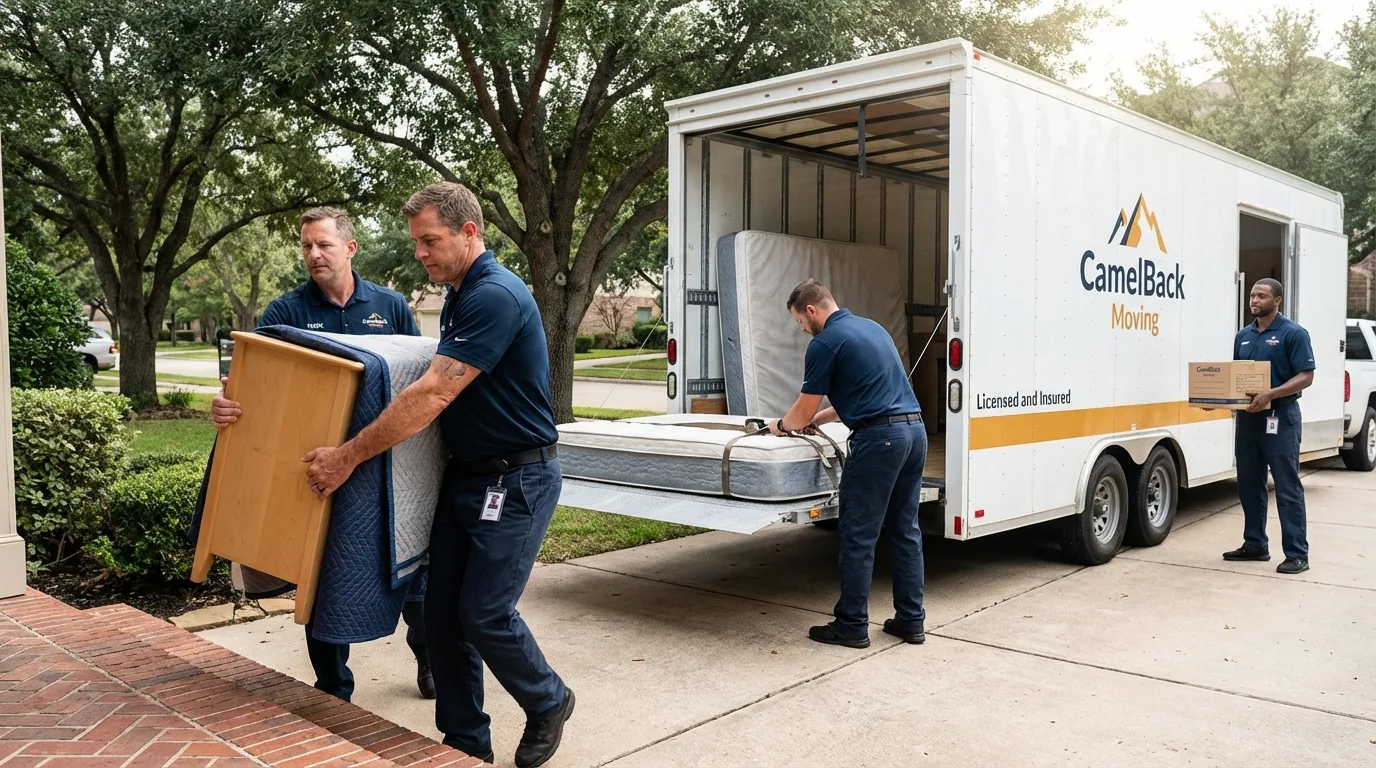 Crew loading residential truck for cross-state move from Winters, CA