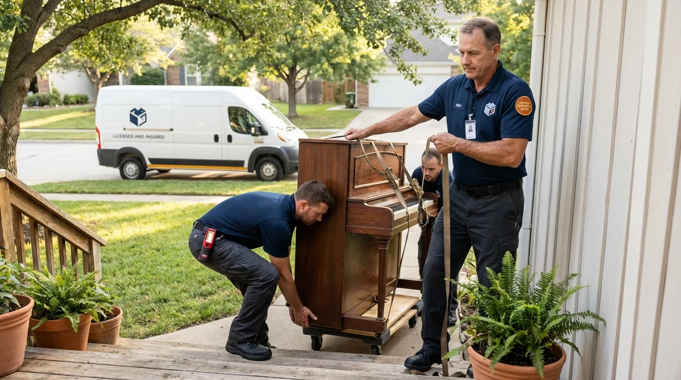 Licensed piano movers securing grand piano in Winters, CA