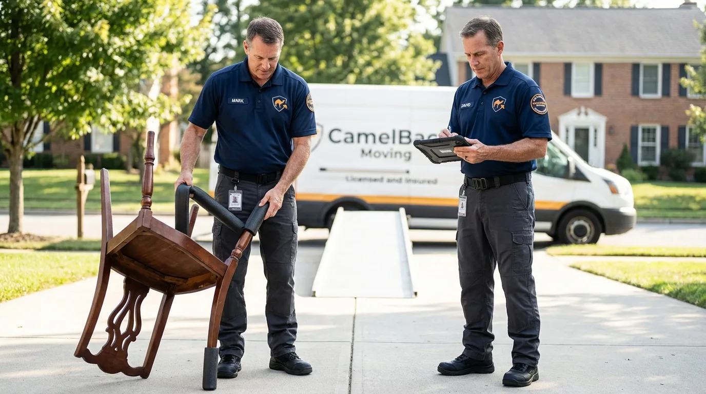 Movers inspecting furniture for damage prevention before loading in Winters, CA
