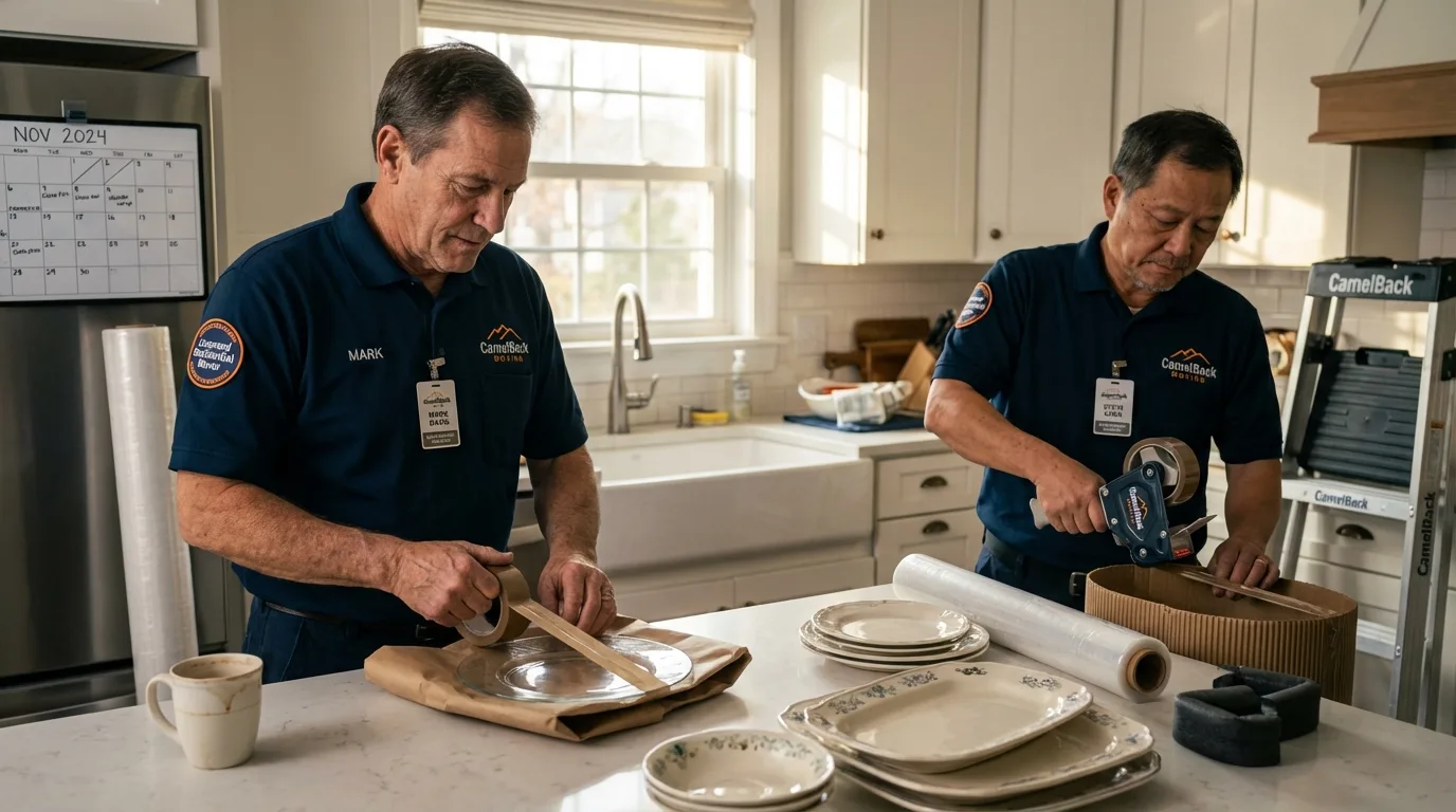 Professional crew packing kitchen dishware in Winters, CA